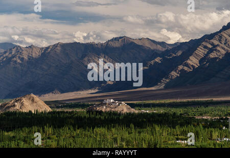 Berge mit Wald Landschaft mit antiken Tempel auf dem Berg in Leh, Ladakh, Indien Stockfoto