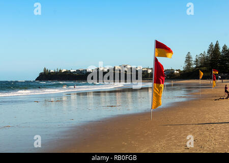 Typisch australischen Strand - Dicky Beach - an der Sunshine Coast in Queensland in der Nähe von Noosa Heads mit Fahne, Wellen und weißen Sand (Queensland, Australien) Stockfoto