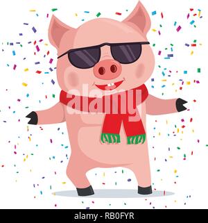 Frohes Neues Jahr 2019 Karte mit cute Cartoon party Schwein und Konfetti. Stock Vektor