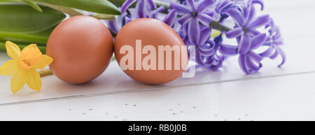 Huhn Eier und frisches violett Hyazinthe auf dem weißen Hintergrund. Ostern Postkarte Konzept. Isoliert. Stockfoto