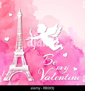 Rosa Aquarell romantisch valentine Hintergrund mit papercut Eiffelturm und Amor. Stockfoto