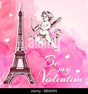 Rosa Aquarell vintage Valentine Hintergrund mit papercut Eiffelturm und Amor. Hand gezeichnet Abbildung. Stockfoto