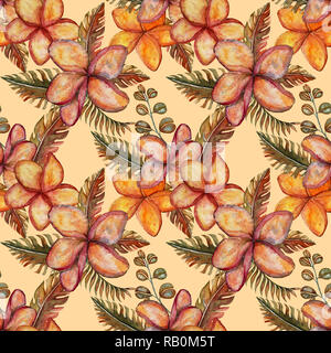 Süße Bunte, mit Blumenmustern schönen Aquarell tropischen nahtlose Muster mit Hibiskus Blumen und tropischen Blätter Stoff-, Textil-, Textur, Geschenkpapier Stockfoto