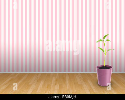3D-Illustration Rendering von rosa Vase mit Pflanze Knospe vor Rosa gestreifte Tapete Hintergrund Stockfoto