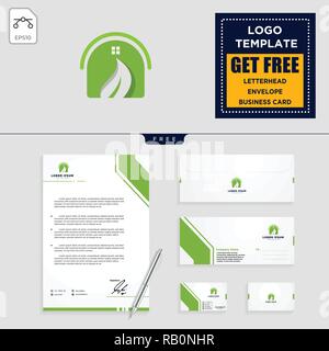 Home Blatt eco Natur logo Vorlage, Vector Illustration und Briefpapier, Briefpapier, Umschlag, Visitenkarte Design Stock Vektor