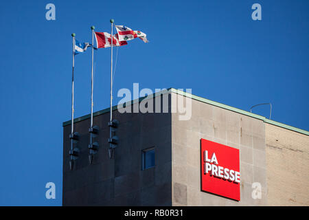 MONTREAL, KANADA - 4. NOVEMBER 2018: La Presse Logo auf ihren Hauptsitz in Montreal, Quebec. La Presse ist eine Quebec digitale Zeitung und Nachrichten Web site Stockfoto