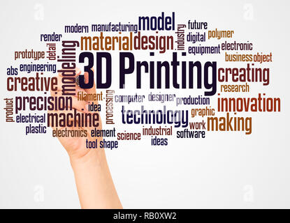 3D-Printing word Cloud und Hand mit Marker Konzept auf weißem Hintergrund. Stockfoto