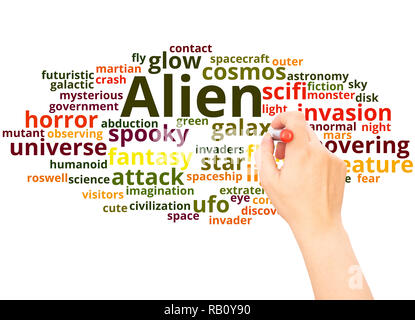 Alien Wort cloud hand Konzept Schrift auf weißen Hintergrund. Stockfoto