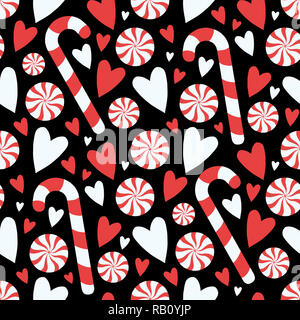 Cartoon style black Candy Cane und Peppermint Twist mit Herzen nahtlose saisonale Weihnachten grafische Darstellung Muster Stockfoto