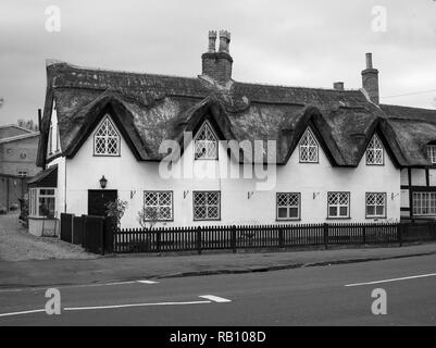 Zeile aus strohgedeckten Cottages in Repton, Derbyshire, Großbritannien Stockfoto