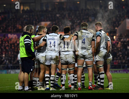 Bristol trägt Spieler während der gallagher Premiership Match am sandigen Park, Exeter. Stockfoto