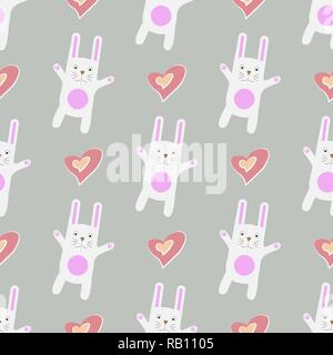 Sanfte drucken. Nahtlose Muster lustige Cartoon weisser Hase mit Herz. 10 eps Stock Vektor