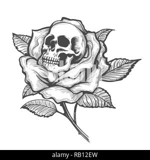 Tattoo mit dem Schädel in der Rose Blume. Vector Illustration. Stock Vektor