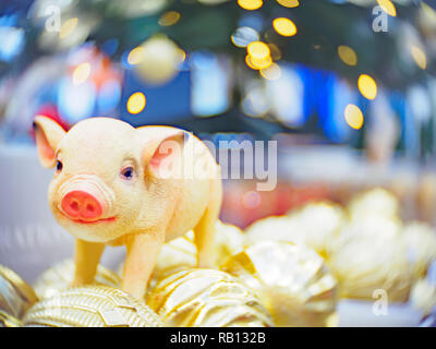 Weihnachtsschmuck und Spielzeug. Weihnachten und das neue Jahr festlich Soft-fokussierte Hintergrund mit einem Schwein als ein Symbol für das neue Jahr. Stockfoto