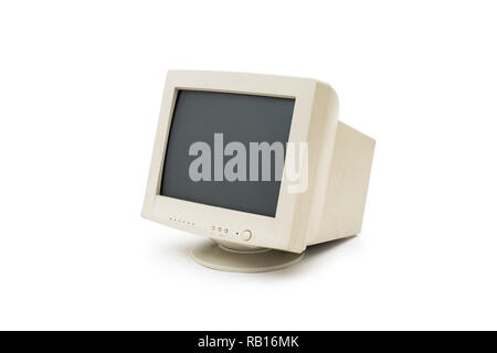 Vintage CRT Computermonitor auf weißem Hintergrund Stockfoto