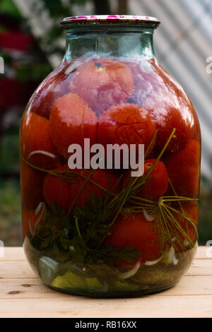 Hausgemachte Konserven Tomaten im Glas sind bereit für den Winter Stockfoto