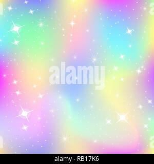 Einhorn Hintergrund mit Regenbogen mesh. Kawaii Universum Banner in Princess Farben. Fantasy gradient Kulisse mit Hologramm. Holographische Einhorn backgrou Stockfoto