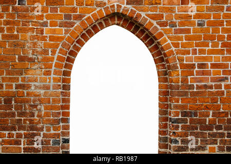 Portal arch Weise Fensterrahmen mit Weiß in der Mitte des antiken red orange brick wall gefüllt mit als Oberflächenstruktur Hintergrund. Stockfoto