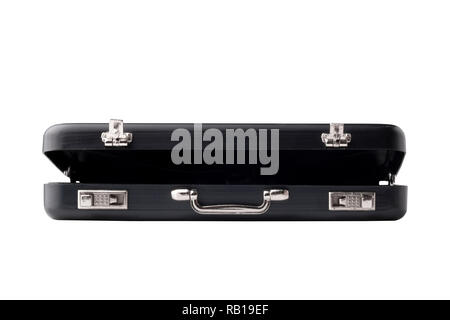 Schwarzes Metallgehäuse in der halb geöffneten Formular auf weißem Hintergrund Stockfoto