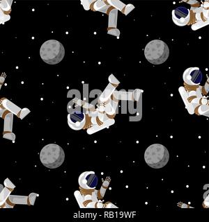 Cute funny Kosmonaut Astronaut spaceman Zeichen erforschen den Weltraum mit Mond. Nahtlose Cartoon Muster für Tapeten, Textilien, Drucke. Flache Linie Stock Vektor