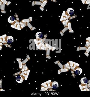 Nahtlose Muster FLACHBILD Lustige fliegende Astronaut im Weltraum mit Sternen. Platz Drucken 10 eps Stock Vektor