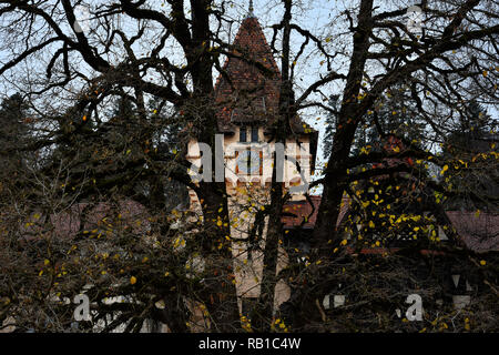 SINAIA, Rumänien - November 6, 2018. Turmuhr von La Tunuri, Hotel Economat Villa und Baum im Winter, Schloss Peles Park, Hotel und Restaurant Cafe. Stockfoto