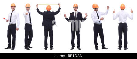 Panorama Foto Collage von qualifizierten Architekten isoliert auf weißem Stockfoto