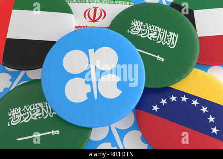 Stapel der OPEC-Länder Flagge Abzeichen: Saudi Arabien, Iran, Venezuela, Vereinigte Arabische Emirate und Kuwait Flagge Tasten, 3D-Darstellung Stockfoto