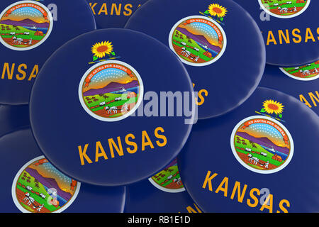 Stapel von Kansas State Flag Abzeichen, 3D-Hintergrund Stockfoto