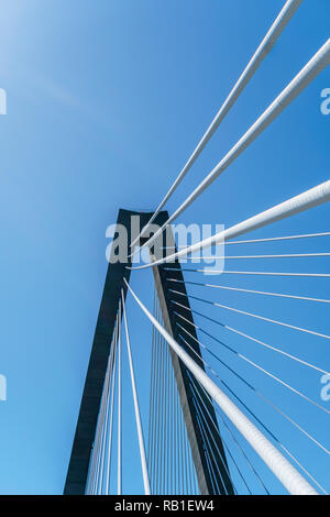 Low Angle View von Kabeln auf der Ravenel Hängebrücke in Charleston, South Carolina, USA Stockfoto