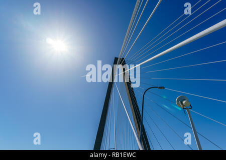 Low Angle View von Kabeln auf der Ravenel Hängebrücke in Charleston, South Carolina, USA Stockfoto