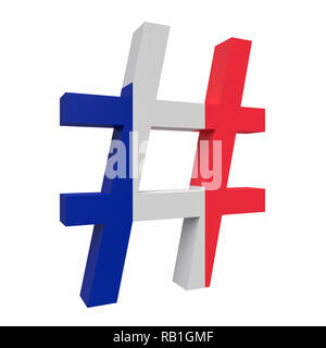 3d-Flagge Frankreich Hashtag Zeichen isoliert auf weißem Hintergrund, 3D-Darstellung Stockfoto