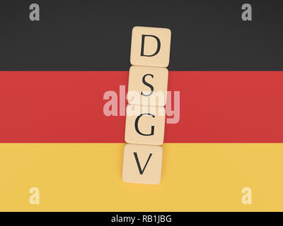 Deutschland Politik Nachrichten Konzept: Buchstabensteine DSGV, d. h. allgemeine Datenschutzverordnung BIPR in Deutscher Sprache, auf die Deutsche Flagge, 3D-Darstellung Stockfoto