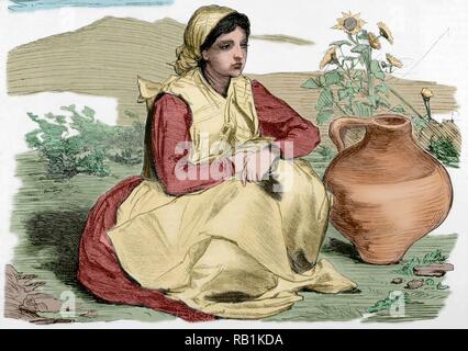 España. Tipos de Las Provincias vascongadas. Mujer con indumentaria tradicional. Croquis inéditos de V. Becquer. Grabado. La Ilustración Española y Americana, 15 de Enero de 1876. Coloreado. Stockfoto