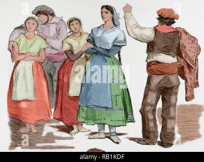 España. Tipos de Las Provincias vascongadas. Mujer con indumentaria tradicional. Croquis inéditos de V. Becquer. Grabado. La Ilustración Española y Americana, 15 de Enero de 1876. Coloreado. Stockfoto