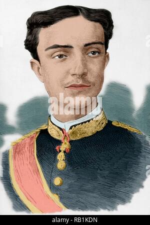 Alfonso XII de España" el Pacificador' (Madrid, 1857 - Madrid, 1885). Rey de España entre 1874-1885. Retrato. Grabado de la Ilustración Española y Americana, 22 de marzo de 1876. Coloreado. Stockfoto