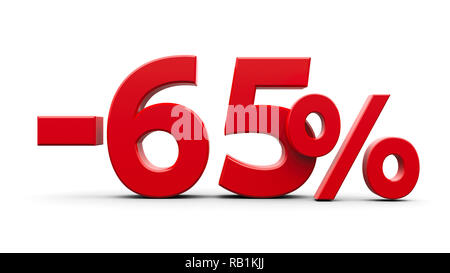 Rot minus 65 Prozent Zeichen auf weißem Hintergrund, 3D-Rendering, 3D-Darstellung Stockfoto