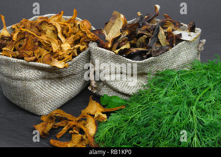 Zusammensetzung der trockene Steinpilze und Pfifferlinge Pilze in Canvas Taschen mit Dill und Petersilie Besen auf schwarzem Stein Fläche platziert Stockfoto