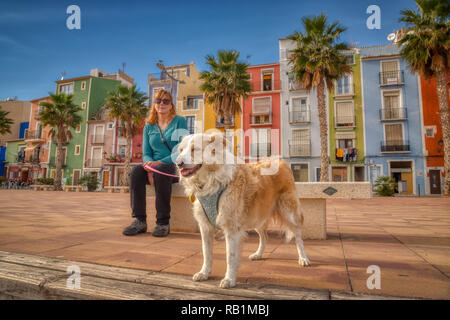 Fokus auf eine blonde Border Collie mix Hund auf der Promenade von Vila Joiosa in Spanien mit bunten Gebäude und eine blonde Frau im Hintergrund. Stockfoto