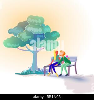 Geliebter sitzt auf der Bank unter dem Baum beim Mann verstecken fischmilch Blume an seiner Rückseite für überraschend seine Freundin. valentine Konzept. Stock Vektor