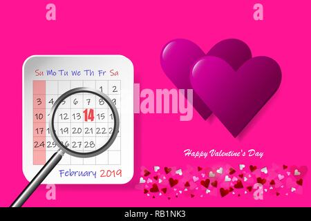 Valentinstag Vektor mit rosa Herzen auf der rechten Seite des Vektors. Kalenderblatt mit Lupe angezeigt Nummer 14 ist auf der linken Seite sid Stock Vektor