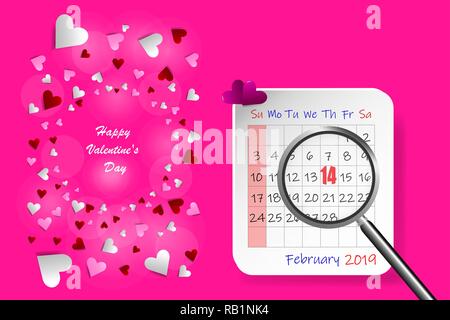 Valentine's Day pink Vektor mit Februar Kalender Blatt mit Lupe angezeigt Nummer 14 auf der rechten Seite. Viele Herzen mit Vorzeichen glücklich Valent Stock Vektor