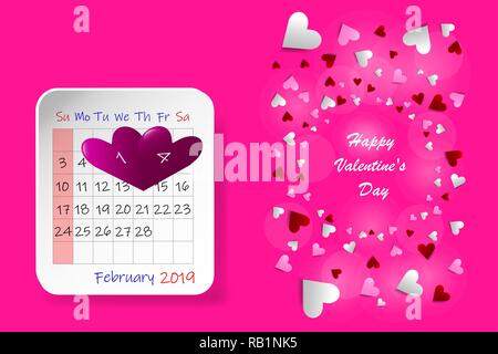 Happy Valentine's Day Vektor mit Februar Kalenderblatt. Alles ist auf eine trendige rosa Hintergrund. Stock Vektor