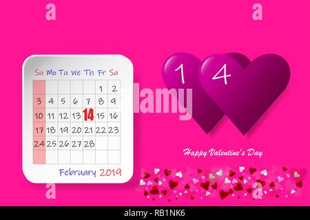 Einfach Valentinstag Vektor mit rosa Herzen mit 14 Nummern in der rechten Seite des Vektors. Februar Kalenderblatt ist auf der linken Seite des Stock Vektor