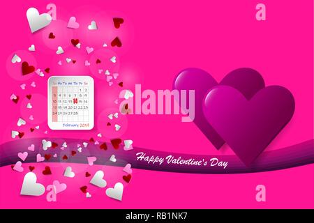 Valentinstag Vektor mit rosa Herzen auf der rechten Seite des Vektors. Kalenderblatt von vielen Herzen umgeben ist auf der linken Seite des Ve Stock Vektor