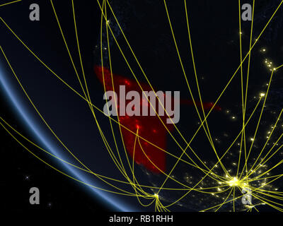 Namibia auf dem Planeten Erde aus dem Weltraum bei Nacht mit Netzwerk. Konzept der internationalen Kommunikation, Technik und Reisen. 3D-Darstellung. Elemente der Stockfoto