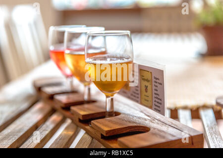 Gläser von Apfelwein in einem Holz Tisch in Norwegen Stockfoto