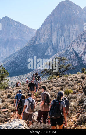 Ein Wanderführer und eine Gruppe von Wanderern im Red Rock Canyon in der Nähe von Las Vegas, Nevada Stockfoto