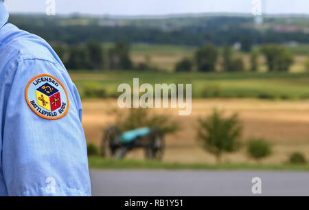 Gettysburg, PA USA. Apr 2015. Patch auf der Schulter der Gettysburg National Military Park offizielle Tour Guide. Stockfoto