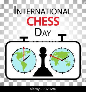 International Chess Tag congratulatory Karte ist eine schachuhr, der Planet Erde und Schach Bauer. Vector Illustration Stock Vektor